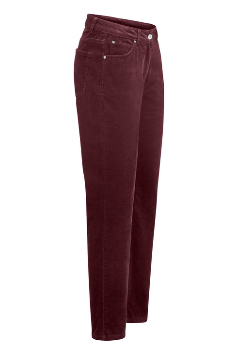 Broek met knoop- en ritssluiting - Fluweelzachte broek in 5-pocketmodel, in Größe 017 bis 050, in Farbe BORDEAUX Ansicht 1