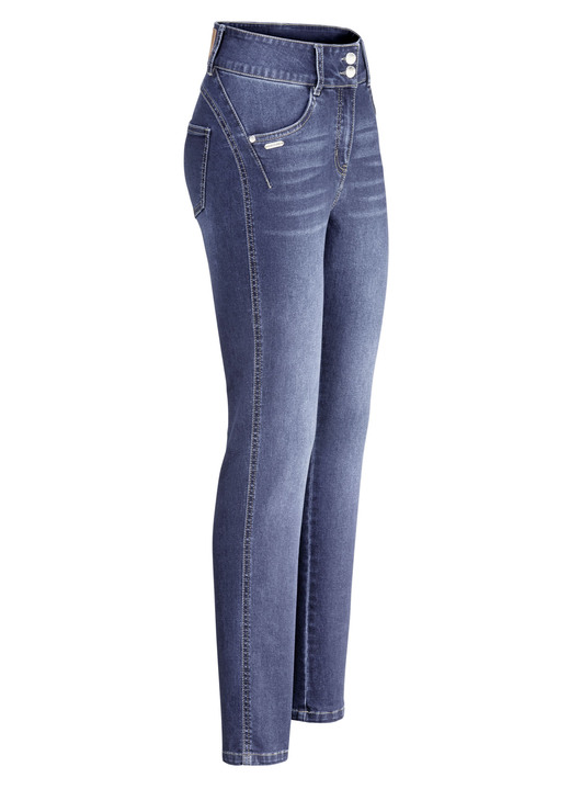 Broek met knoop- en ritssluiting - Vormgevende jeans in 4-pocketmodel, in Größe 017 bis 050, in Farbe JEANS BLAUW Ansicht 1
