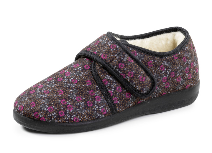 Huisschoenen - Warme damespantoffels, breedte H, met klittenbandsluiting, in Größe 036 bis 042, in Farbe ZWART-MEERKLEURIG Ansicht 1