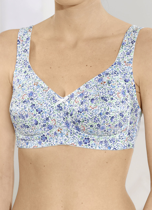 Soft-BH - Susa bh met verstevigde rug, in Größe 080 bis 120, in Cup F, in Farbe WIT-BLAUW-MEERKLEURIG Ansicht 1