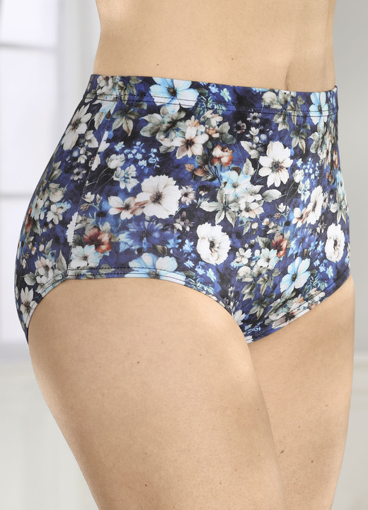 Slip - Laurina drie-pack slip met elastische tailleband, in Größe 038 bis 054, in Farbe 2X BLAUW-TURQUOISE KLEURRIJK GEDRUKT, 1X MARINE Ansicht 1