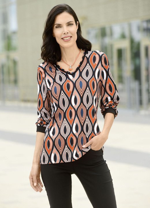 - V-hals shirt, in Größe 038 bis 054, in Farbe ZWART-ORANJE-ECRU Ansicht 1