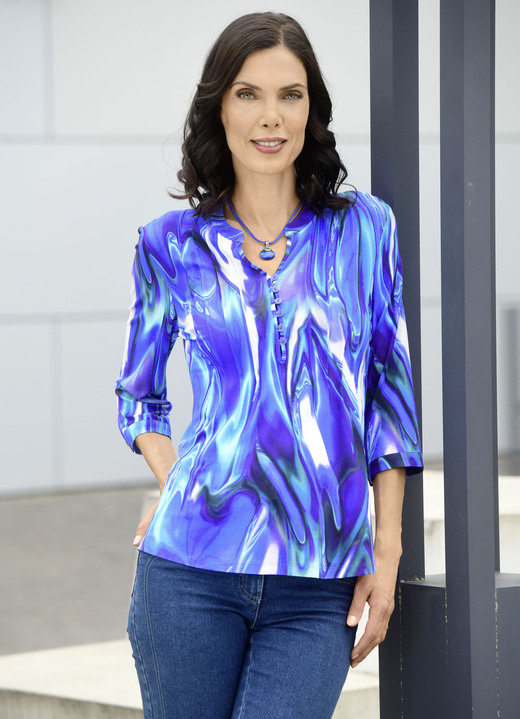 3/4-mouw - Shirttuniek met fraaie bies, in Größe 036 bis 054, in Farbe ROYALBLAU-WEISS-SMARAGDGRÜN-BUNT Ansicht 1