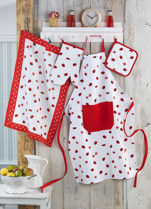 Vaatdoeken - Keukenfornuis met lieveheersbeestje- en paddenstoelmotieven, in Größe 200 (2 theedoeken, 50/70 cm) bis 502 (90/70 schort, 70/90 cm), in Farbe ROT-WEISS
