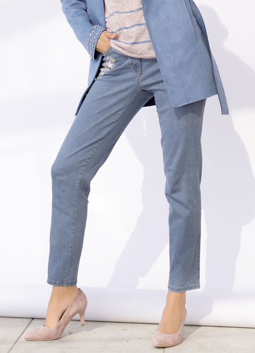Broek met knoop- en ritssluiting - Jeans met bloemenborduursel, in Größe 018 bis 052, in Farbe JEANS BLAUW Ansicht 1