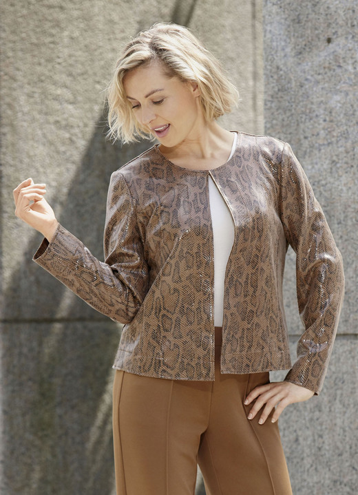 Kunstleren jassen - Kort jasje met trendy reptieldessin, in Größe 034 bis 052, in Farbe COGNAC-BROK Ansicht 1