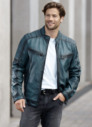 Kort leren jack met decoratieve stiksels