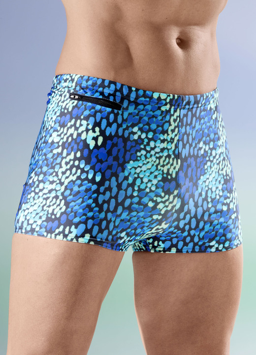 Zwemkleding - Zwembroek in hogere doosvorm, in Größe 004 bis 013, in Farbe BLAU-SCHWARZ-BUNT
