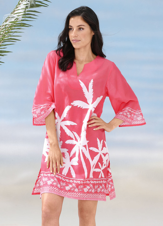 Strandjurken - Tuniek met palmprint, puur katoen, in Größe 036 bis 056, in Farbe KORALLE-WEISS Ansicht 1