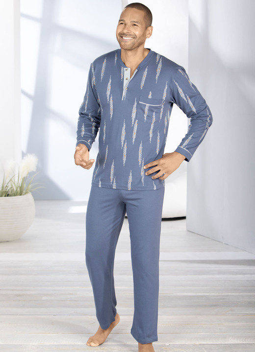 Pyjama's - Pyjama met knoopsluiting en open uiteinden Pyjama's - Pyjama met knoopsluiting en open uiteinden, in Größe 046 bis 066, in Farbe JEANSBLAU-BUNT