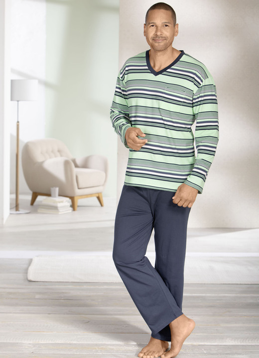 Pyjama's - Set van twee pyjama's met V-hals Pyjama's - Set van twee pyjama's met V-hals, in Größe 046 bis 062, in Farbe 1X HELLGRÜN-MARINE-BUNT, 1X HELLBLAU-MARINE-BUNT