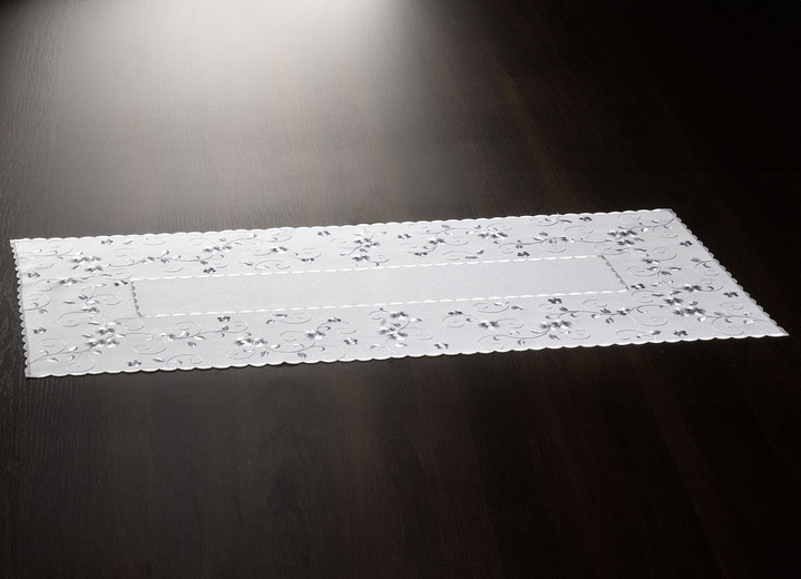 Woonaccessoires - Geborduurde tafel- en kamerdecoratie met bloemenrand, in Größe 140 (Loper, 40/90 cm) bis 404 (Kussensloop, 40/40 cm), in Farbe WOLLWEISS-GRAU Ansicht 1