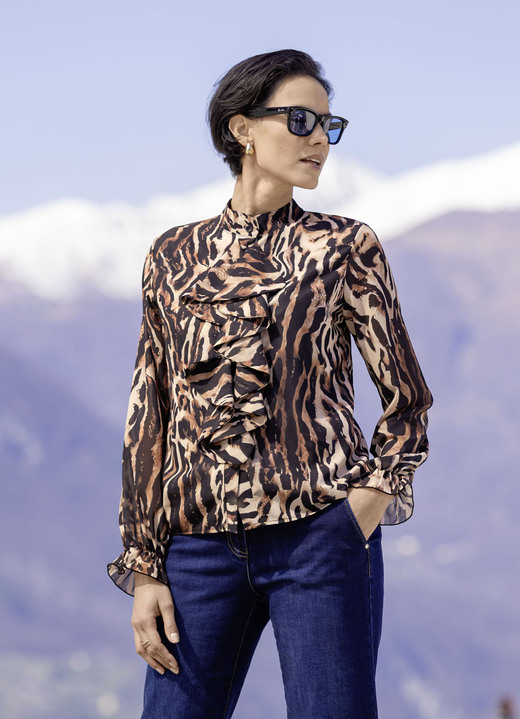 Lange mouw - Blouse met speelse ruches, in Größe 036 bis 052, in Farbe SCHWARZ-BRAUN-BEIGE Ansicht 1