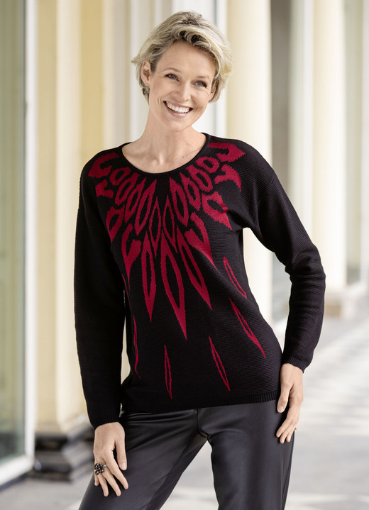 Lange mouw - Trui met elegante glanzende jacquard, in Größe L(44/46) bis XXL(52/54), in Farbe ZWART-ROOD