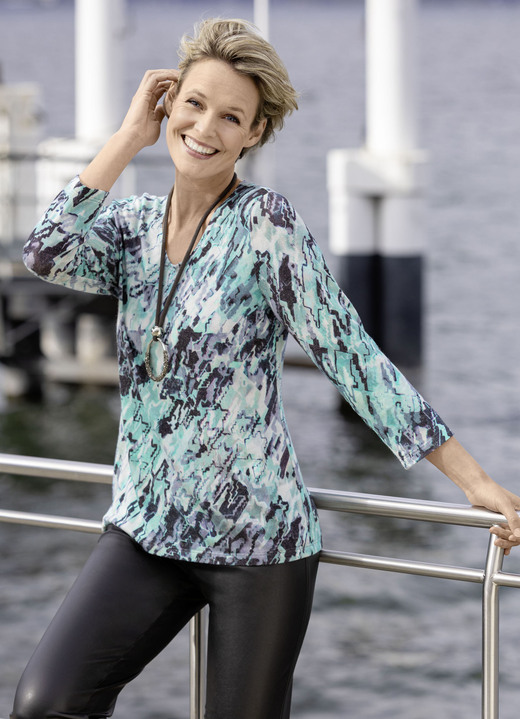 Pullover & breimode - Fijn gebreide trui, in Größe L(44/46) bis XXL(52/54), in Farbe TURQUOISE-ZWART-VEELKLEURIG
