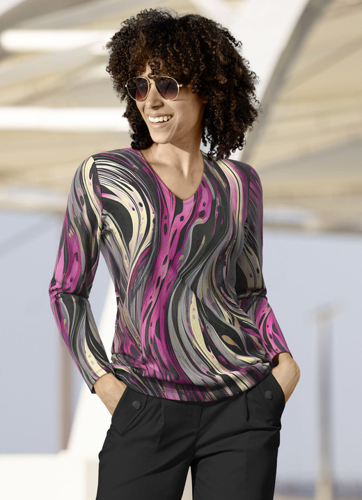 Pullover & breimode - Fijn gebreide trui, in Größe 038 bis 054, in Farbe SCHWARZ-BEIGE-MAGENTA Ansicht 1