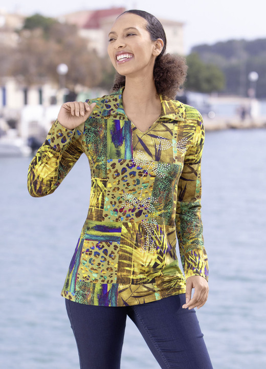 Lange mouw - Poloshirt met schitterende kleurenprint, in Größe 038 bis 054, in Farbe KIWI GROEN-OLIJF-BLAUW Ansicht 1