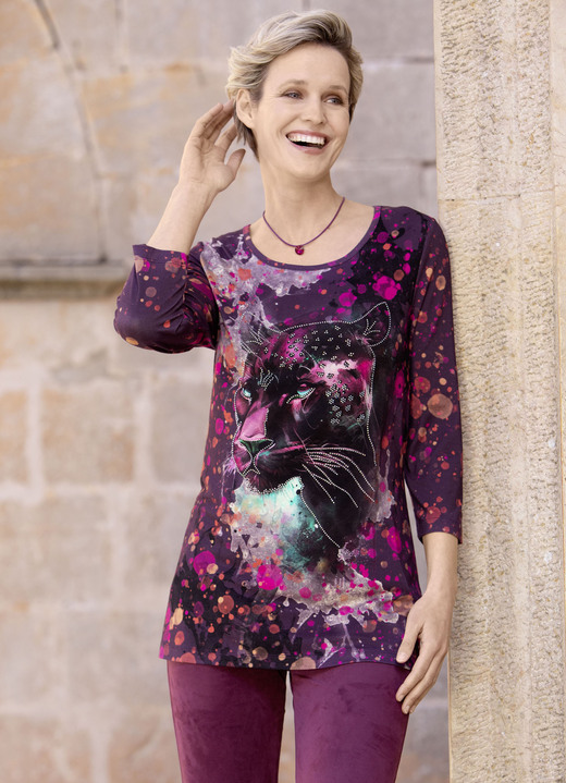 3/4-mouw - Shirt met strass-versiering op de voorkant, in Größe 038 bis 054, in Farbe PAARS-ROZE-ZWART