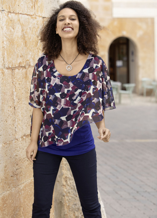 Korte mouw - Poncho tuniek met leuke print Korte mouw - Poncho tuniek met leuke print, in Größe 036 bis 054, in Farbe ROYALBLAU-MARINE-BORDEAUX-BUNT
