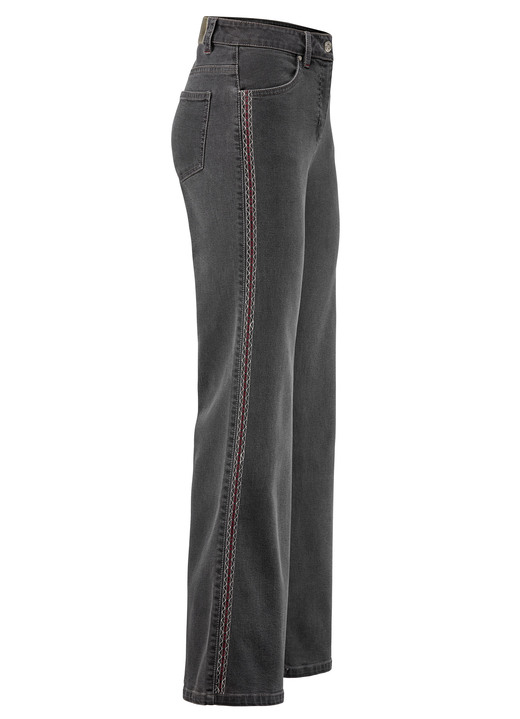 Broek met knoop- en ritssluiting - Jeans met decoratieve stiksels in etnische stijl Broek met knoop- en ritssluiting - Jeans met decoratieve stiksels in etnische stijl, in Größe 017 bis 050, in Farbe GRAU