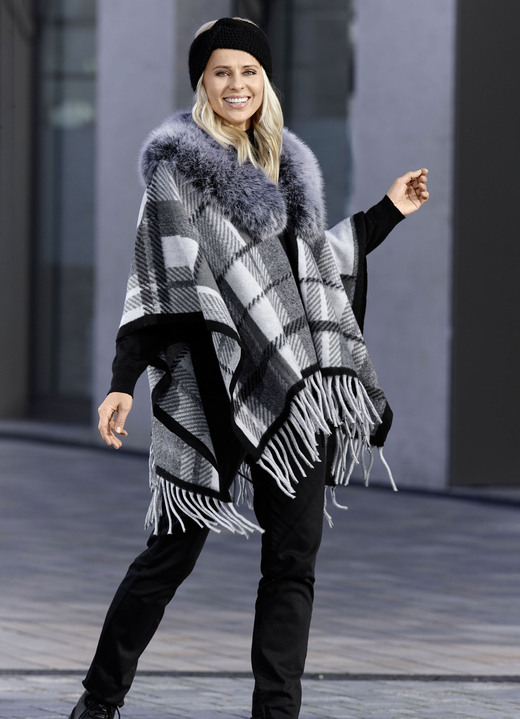 Kort - Poncho in één maat, in Farbe GRAU-NATURWEISS-SCHWARZ Ansicht 1