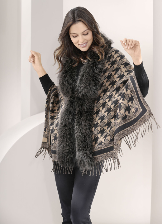 Kort - Poncho met trendy pied-de-poulemotief, in Farbe CAMEL-SCHWARZ Ansicht 1