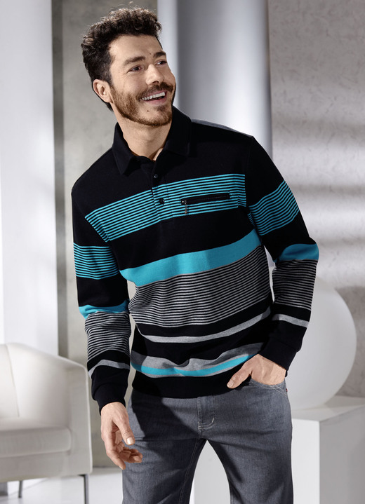 Sweatshirts - Poloshirt met korte knoopsluiting Sweatshirts - Poloshirt met korte knoopsluiting, in Größe 046 bis 062, in Farbe ZWART-TURQUOISE-GRIJS MOTIEF