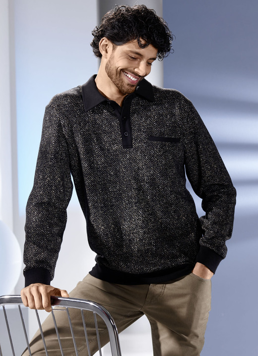 Sweatshirts - Poloshirt met borstzakje, in Größe 046 bis 064, in Farbe SCHWARZ-BEIGE