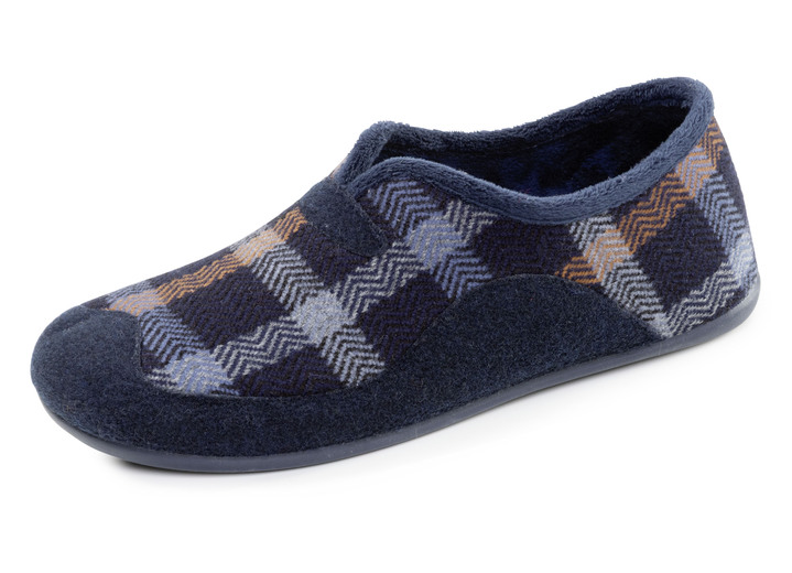 Huisschoenen - Klassieke herenpantoffels met uitneembaar voetbed Huisschoenen - Klassieke herenpantoffels met uitneembaar voetbed, in Größe 040 bis 046, in Farbe BLAU-CAMEL