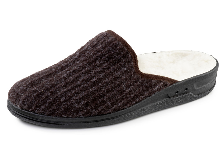 Huisschoenen - Gevoerde herenpantoffels, met nieuwe wol Huisschoenen - Gevoerde herenpantoffels, met nieuwe wol, in Größe 040 bis 046, in Farbe BRAUN