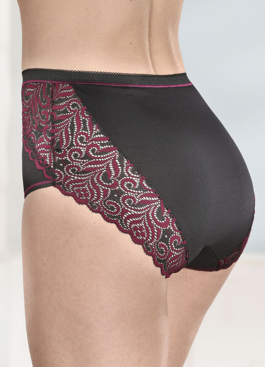 Slip - Laurina driepack slips met elastische kant, in Größe 038 bis 050, in Farbe SCHWARZ-BORDEAUX Ansicht 1