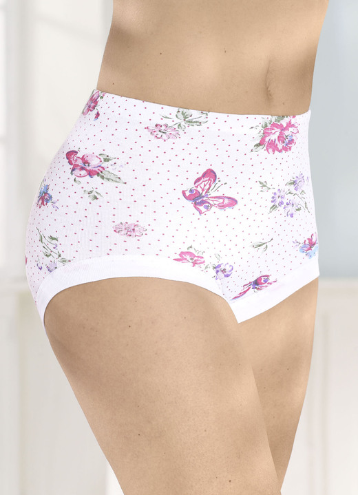Slip - Verpakking van vijf slips met vervangbare elastische tailleband, in Größe 040 bis 060, in Farbe 3X WEISS-PINK-BUNT BEDRUCKT, 2X WEISS Ansicht 1