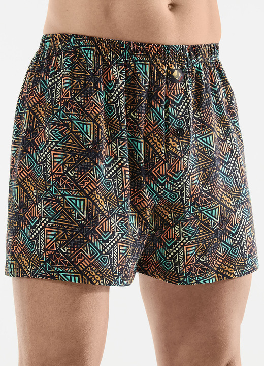 Onderbroeken - Drie-pack boxershorts met knoopsluiting, in Größe 005 bis 016, in Farbe 3X SCHWARZ-BUNT