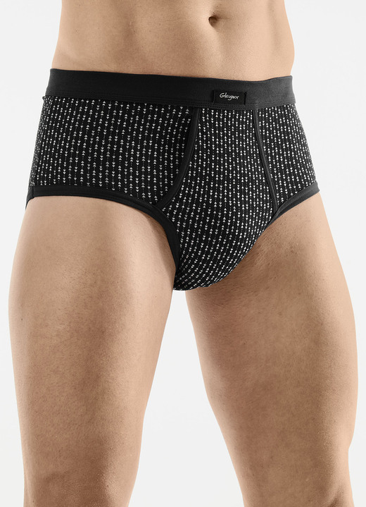 Onderbroeken - Vierdelige slip met gulp van fijne jersey, in Größe 005 bis 011, in Farbe 2X SCHWARZ-BUNT, 2X UNI SCHWARZ