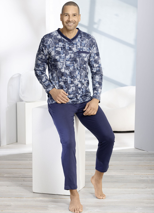 Pyjama's - V-hals pyjama met open manchetten Pyjama's - V-hals pyjama met open manchetten, in Größe 046 bis 062, in Farbe MARINE-ECRU