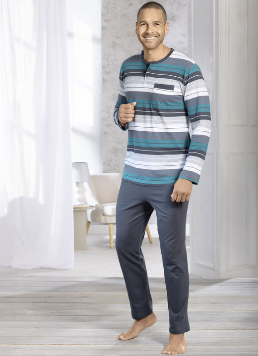 Pyjama's - Pyjama met knoopsluiting en open manchetten Pyjama's - Pyjama met knoopsluiting en open manchetten, in Größe 046 bis 062, in Farbe PETROL-GRAFIT-BUNT