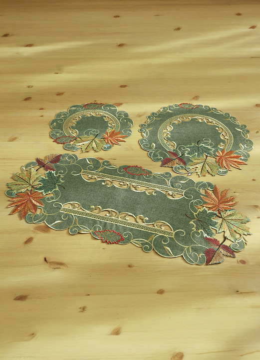Woonaccessoires - Tafel- en kamerdecoratie met najaarsbladeren-dessin, in Größe 101 (loper, ovaal, 30 x 70 cm) bis 404 (Kussensloop, 40 x 40 cm), in Farbe GROEN Ansicht 1