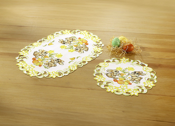 Woonaccessoires - Tafel- en kamerdecoratie met hazenmotieven, in Größe 101 (loper, 40 x 85 cm) bis 404 (Kussensloop, 40 x 40 cm), in Farbe SEKT/MULTICOLOR Ansicht 1