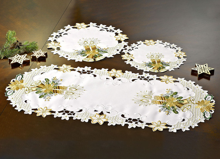 Woonaccessoires - Tafel- en kamerdecoratie met kaarsen- en klok-motief, in Größe 101 (Kleedje ovaal, 35 x 50 cm) bis 404 (Kussensloop, 40 x 40 cm), in Farbe SEKT Ansicht 1