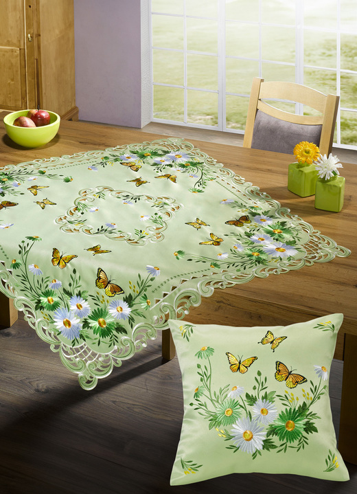 Tafellakens - Tafel- en kamerdecoratie met bloemen en vlinders, in Größe 101 (Kleedje ovaal, 35 x 50 cm) bis 404 (Kussensloop, 40 x 40 cm), in Farbe GROEN Ansicht 1