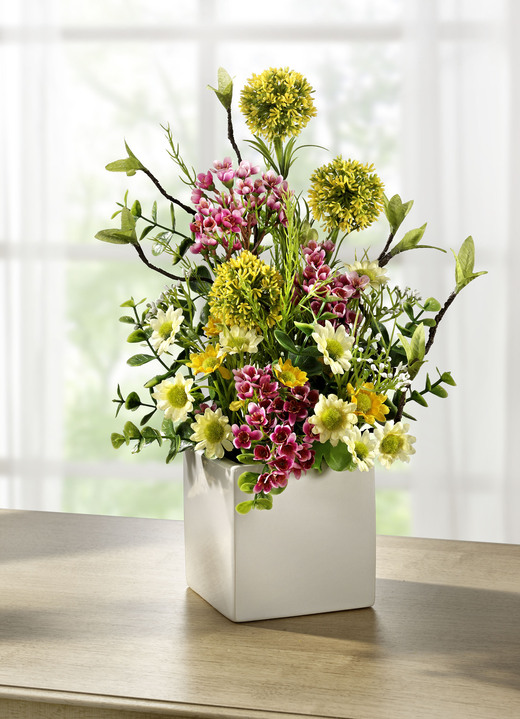 Woonaccessoires - Arrangement in witte keramische pot, in Farbe GEEL-GROEN