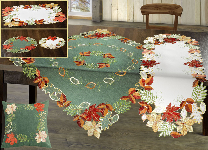 Tafellakens - Herfst tafel- en kamerdecoratie met bladmotieven, in Größe 101 (Kleedje, 35 x 50 cm) bis 404 (Kussensloop, 40 x 40 cm), in Farbe WIT-MULTICOLOR Ansicht 1