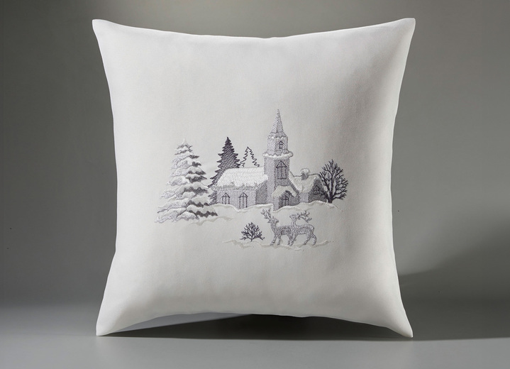 Tafellakens - Tafelkleed met een romantisch winterdorp-motief, in Größe 101 (2 x placemats, 35 x 50 cm) bis 404 (Kussensloop, 40 x 40 cm), in Farbe WOLWIT Ansicht 1