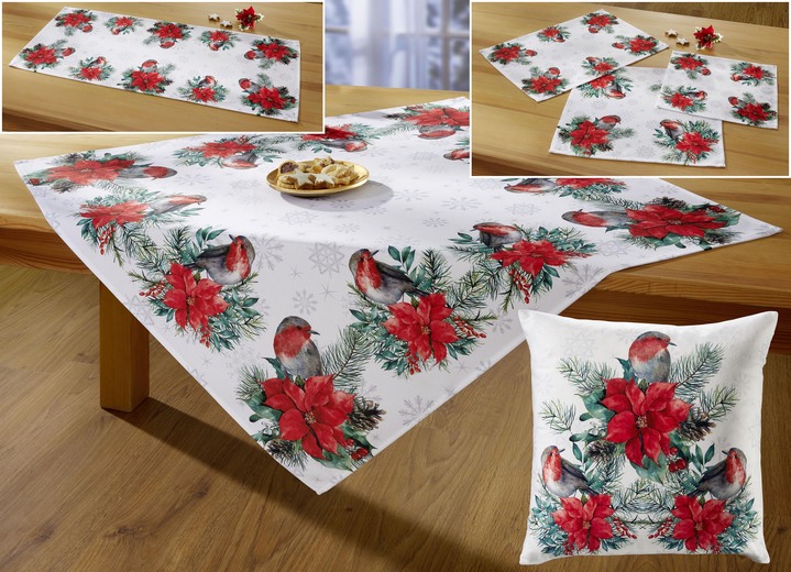 Tafellakens - Tafel- en kamerdecoratie met schattige roodborstjes, in Größe 101 (Kleedje, 35 x 50 cm) bis 404 (Kussensloop, 40 x 40 cm), in Farbe MULTICOLOR Ansicht 1