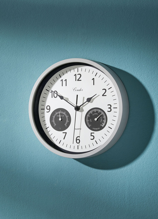 Woonaccessoires - Wandklok met thermometer en hygrometer, in Farbe WEISS-GRAU