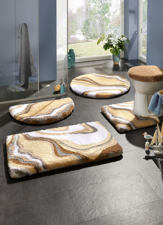 Badmatten - Badkamerset in harmonieuze kleuren, in Größe 100 (matje, halfrond 50 x 80 cm) bis 112 (toiletdekselafdekking, 47 x 50 cm), in Farbe BEIGE Ansicht 1