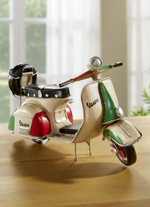 Woonaccessoires - Handbeschilderde Vespa-scooter van plaatstaal, in Farbe CREME-ROT-GRÜN