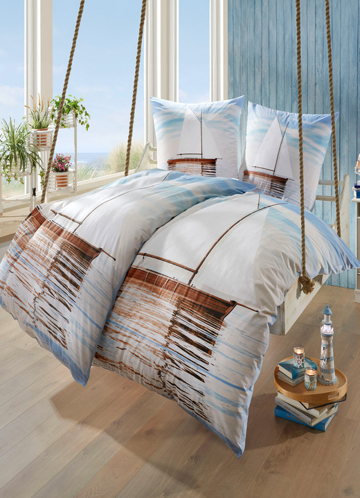 Beddengoed - Maritiem beddengoedset, in Größe 112 (80 x 80 cm + 135 x 200 cm) bis 115 (80 x 80 cm + 155 x 220 cm), in Farbe BLAU