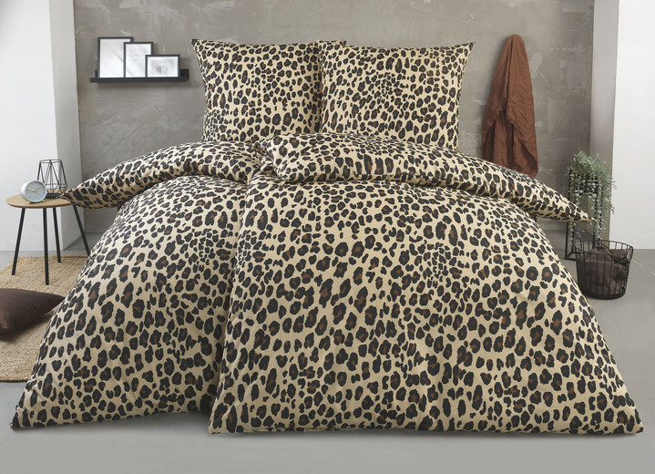 Beddengoed - Beddengoedset met luipaardprint, in Größe 111 (40 x 80 cm + 135 x 200 cm) bis 115 (80 x 80 cm + 155 x 220 cm), in Farbe BRAUN-SCHWARZ Ansicht 1