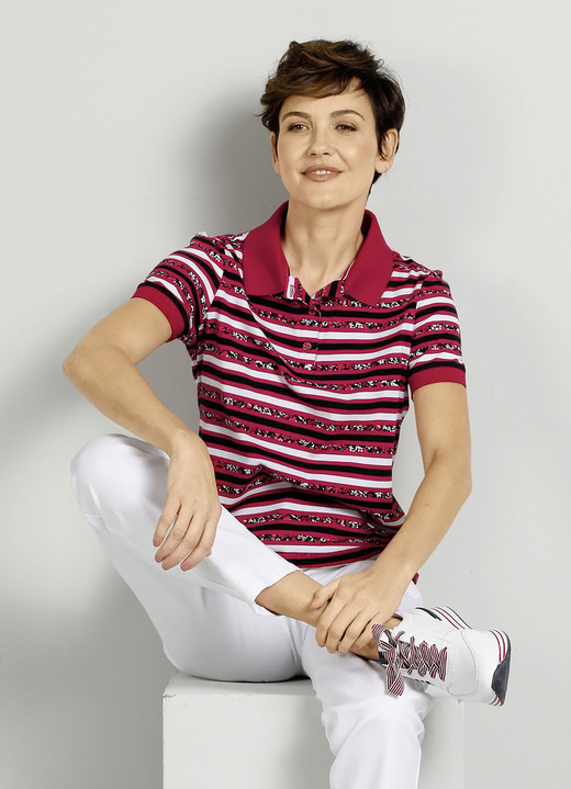 Korte mouw - Poloshirt met een gestreept all-over dessin, in Größe 042 bis 052, in Farbe ROT-SCHWARZ-WEISS Ansicht 1